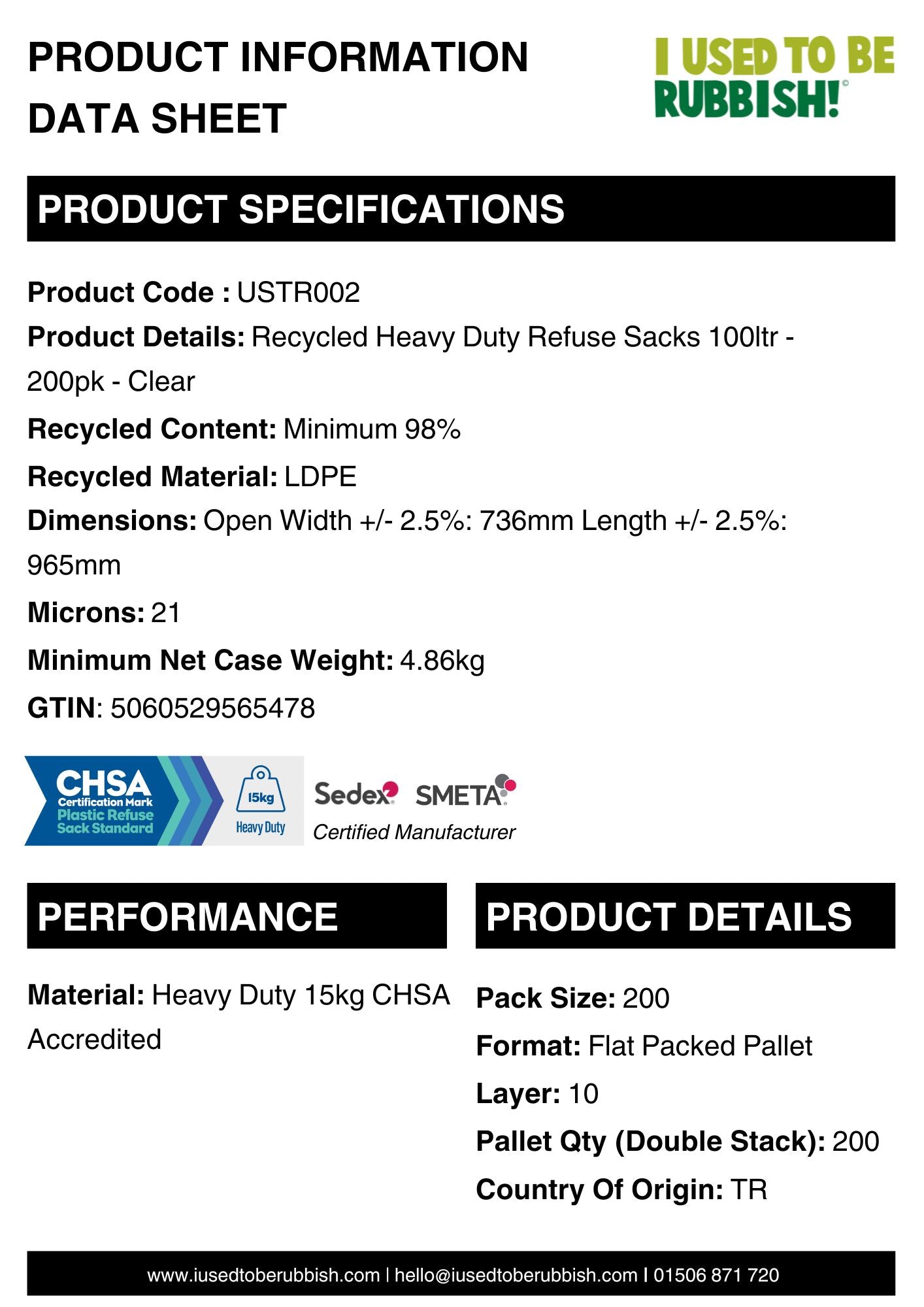 PALLET - Recycled Heavy Duty Refuse Sacks Food Waste 100ltr - 99 x 200pk - Clear (USTR002)