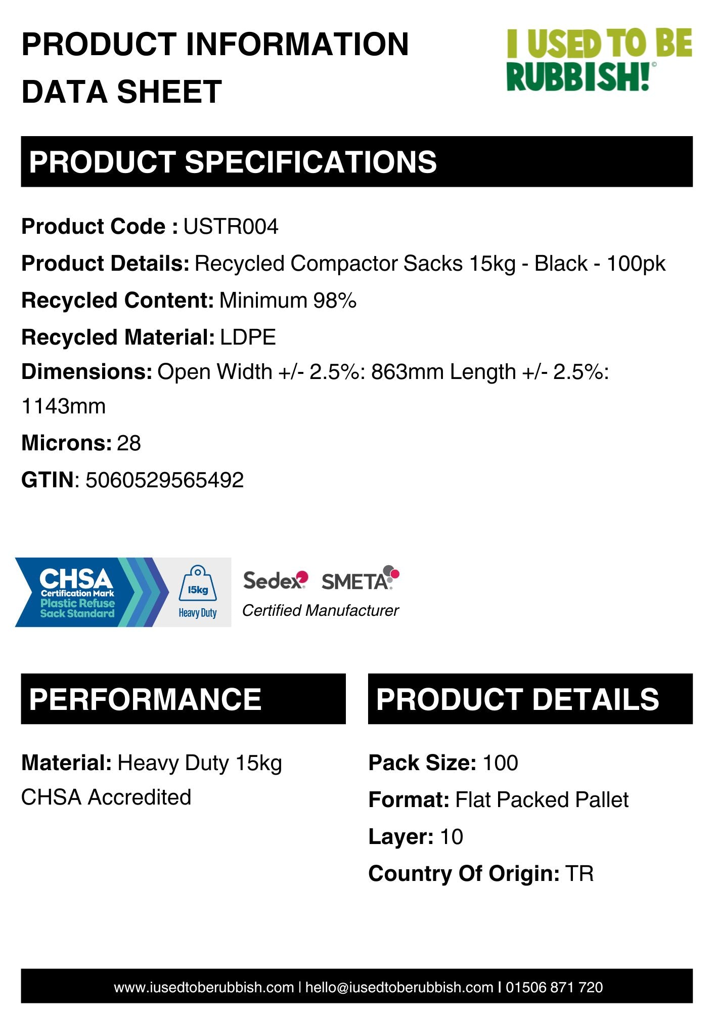 Recycled Compactor Sacks 15kg - Black - 100pk (USTR004)