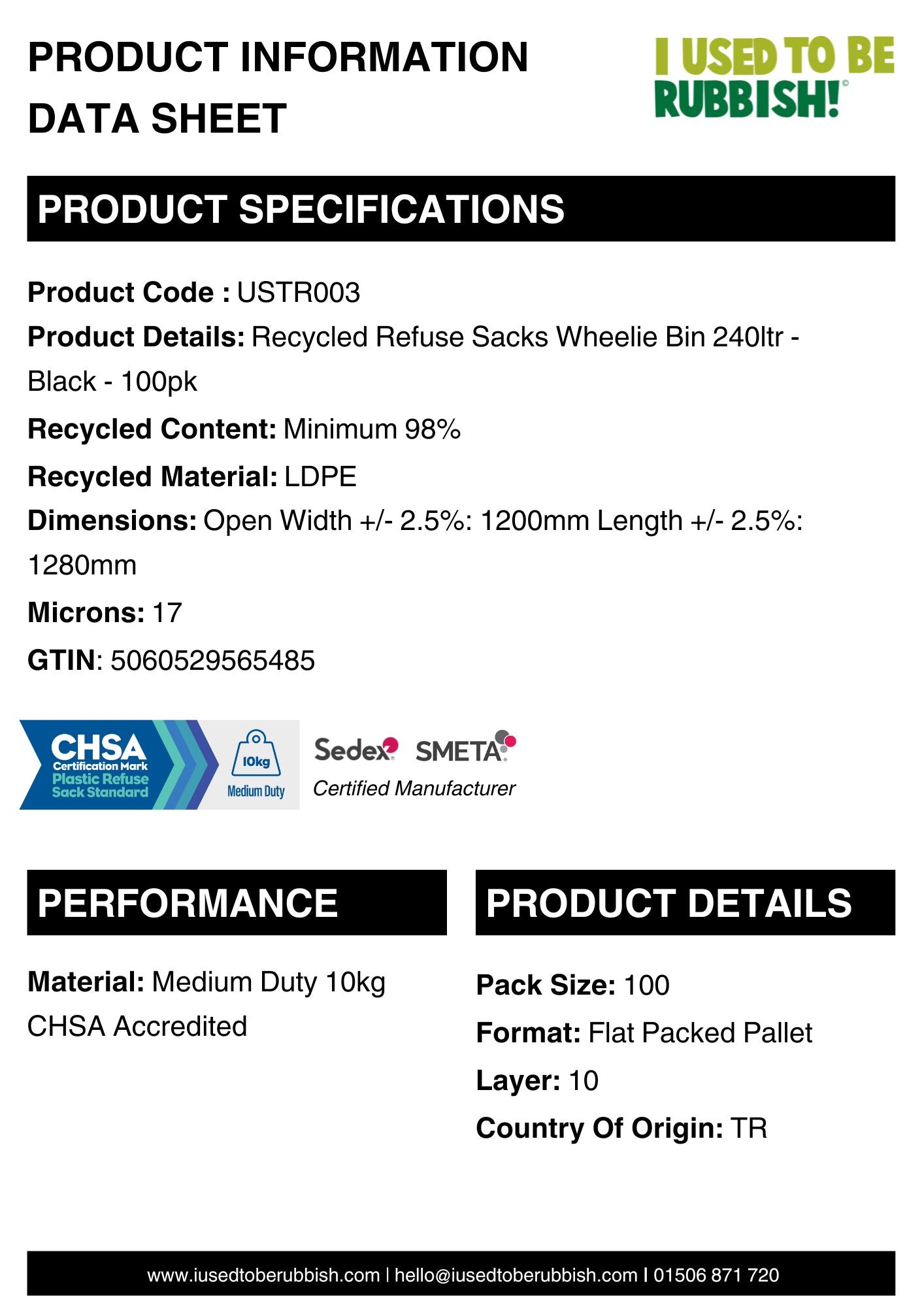 PALLET - Recycled Refuse Sacks Wheelie Bin 240ltr - Black - 99 x 100pk (USTR003)