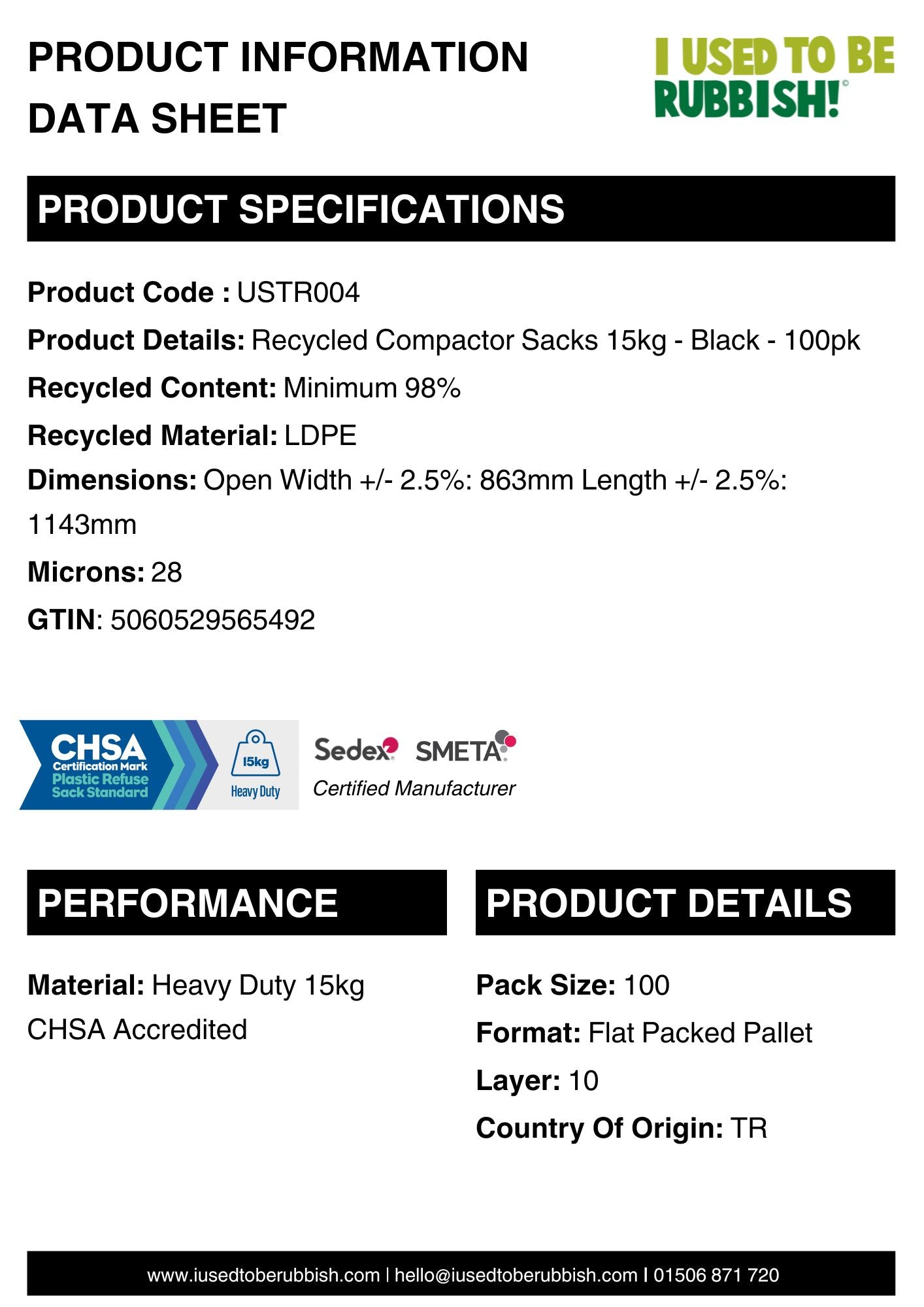 PALLET - Recycled Compactor Sacks 15kg - Black - 77 x 100pk (USTR004)