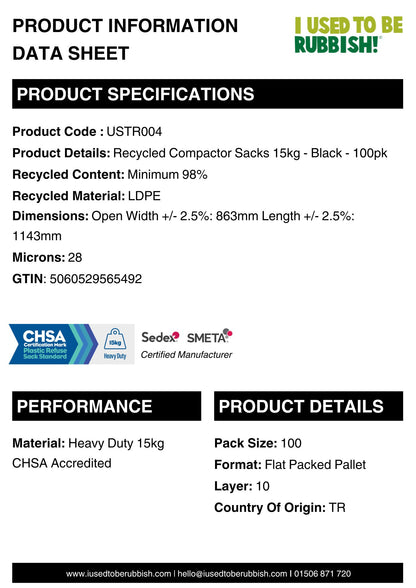 Recycled Compactor Sacks 15kg - Black - 100pk (USTR004)